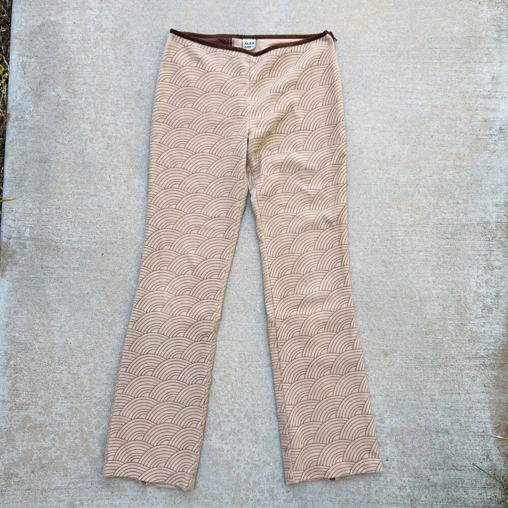 Y2K Cream Geometric Arch-Print Pants with Zipper Details